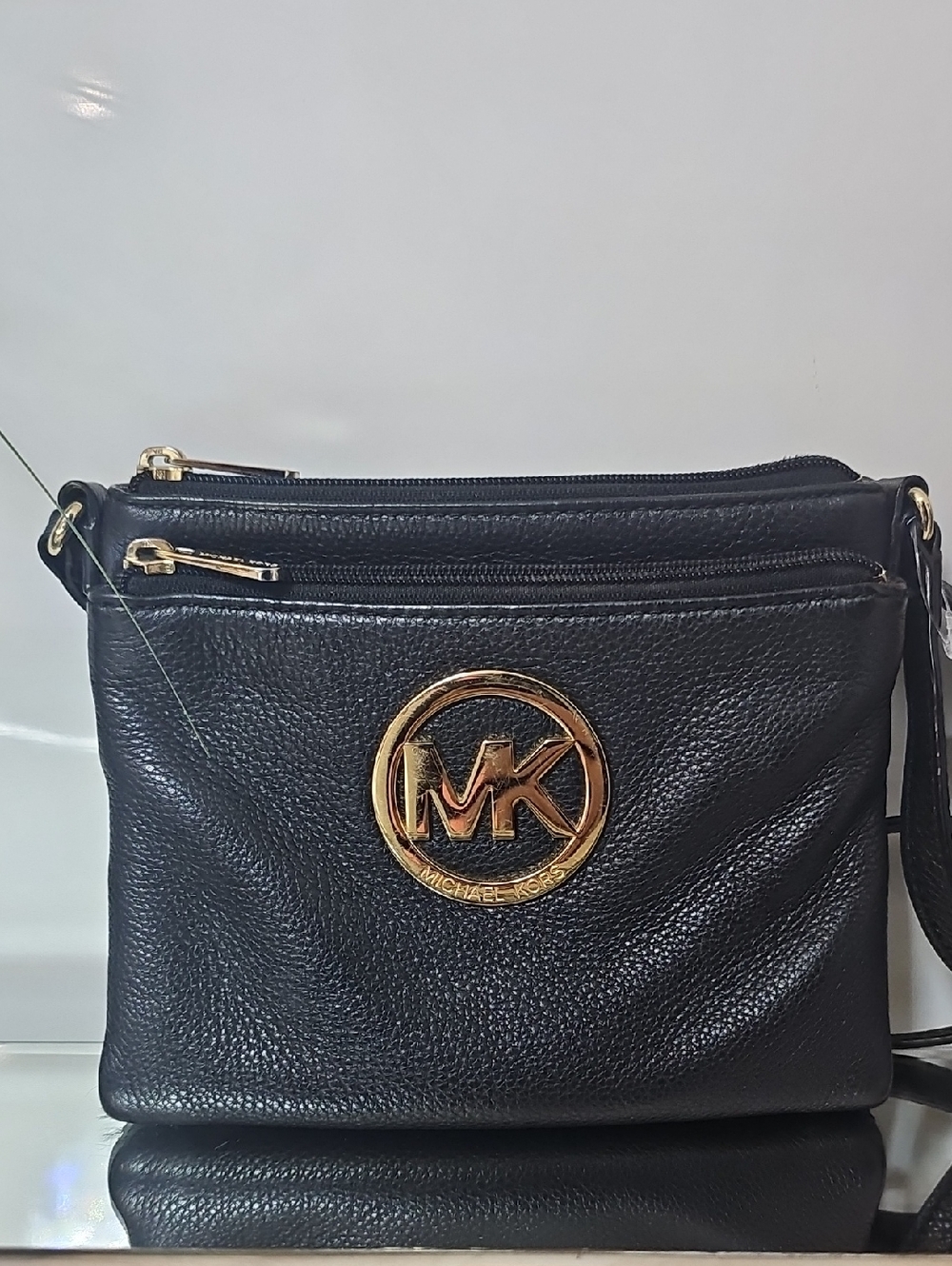 Michael Kors Black Pebbled Leather Crossbody with Gold MK Emblem